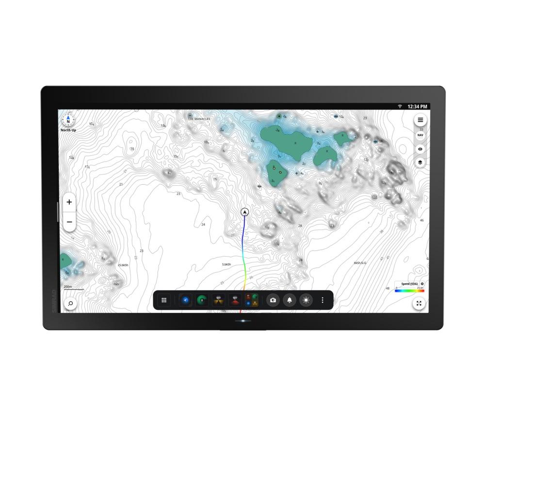 Simrad NSO 4-24. NEON OS, 24-inch Glass-bridge multi-function display. Qualcomm 8-core processor. Full HD touchscreen.