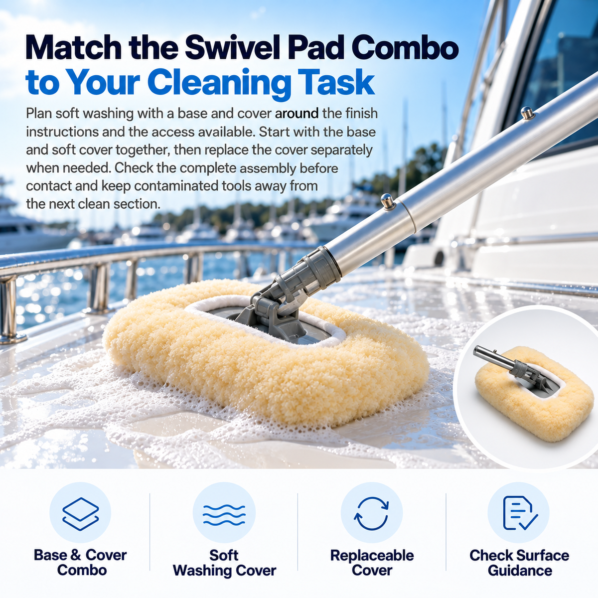 Shurhold 1710C Shur-LOK Swivel Pad Combo washing a yacht deck, with an inset showing the gray swivel base and cream wool cover.