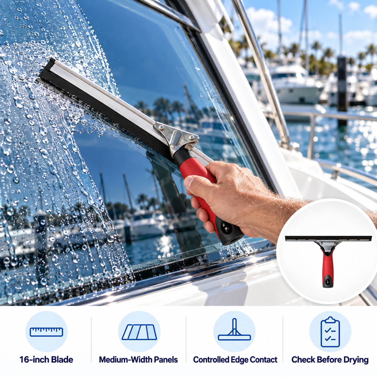 Shurhold 1416 Shur-LOK 16-inch squeegee removing water from a yacht window, with an inset showing its red handle and black blade.