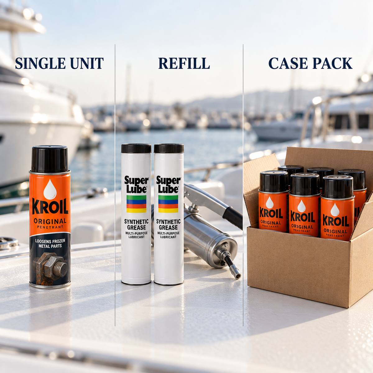 Comparison of a single Kroil penetrating oil can, Super Lube grease refills and a Kroil case pack.