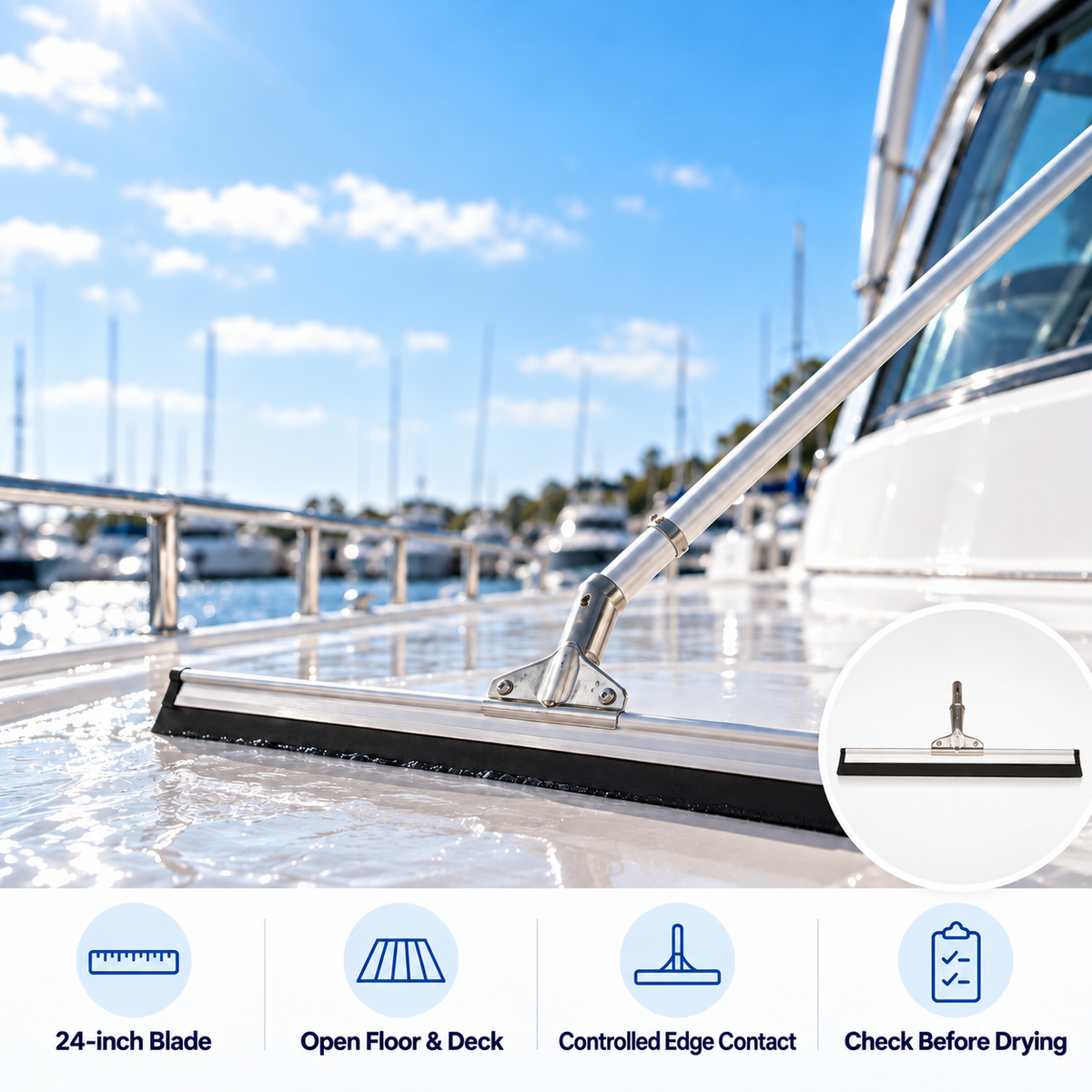 Shurhold 1424 Shur-LOK 24-inch floor squeegee removing water from a yacht deck, with a product detail inset.