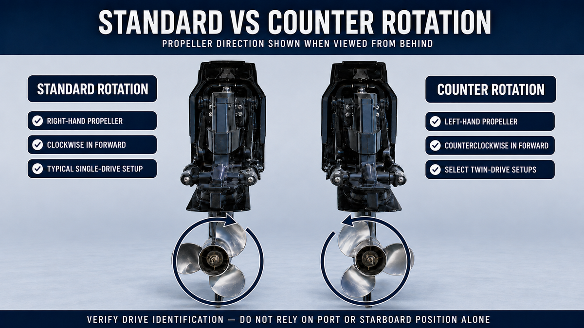 An informational comparison graphic titled 'STANDARD VS COUNTER ROTATION' showing two outboard motors and two propellers, with text explaining the difference in propeller direction when viewed from behind. The background is a real marina scene with water and boats, but the image functions as an explanatory diagram rather than a straightforward product photo.