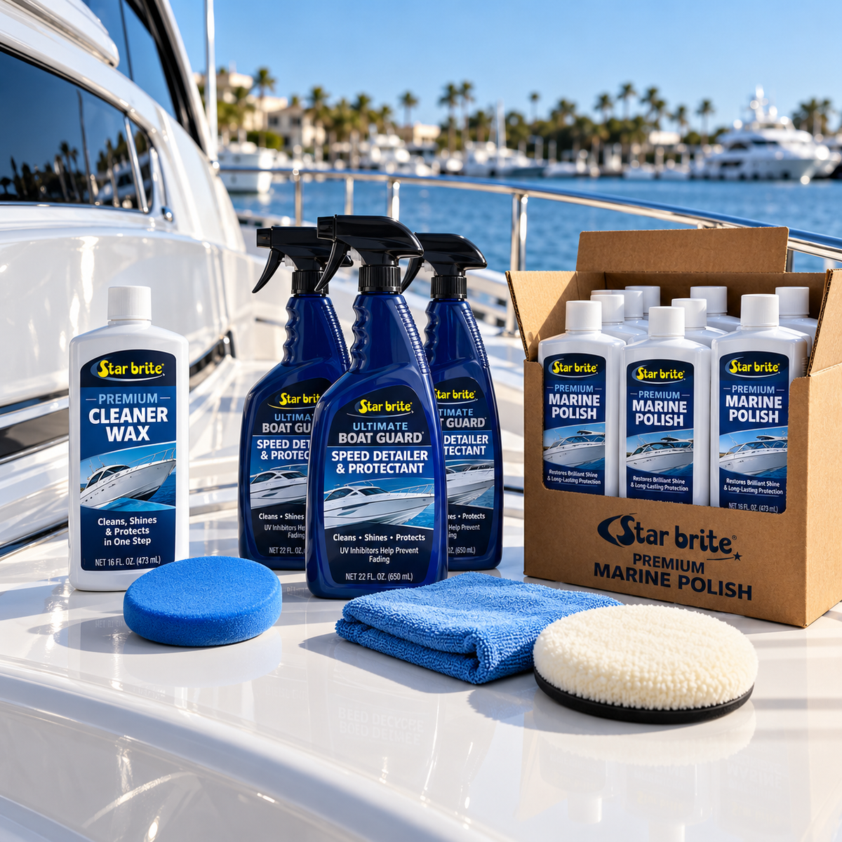 Star brite Premium Cleaner Wax, Ultimate Boat Guard Speed Detailer and Marine Polish displayed as single bottles, multipacks and case packs with polishing pads on a glossy boat deck.