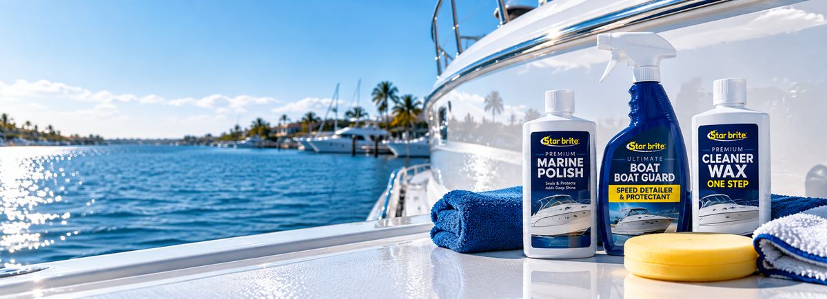 Star brite marine polish, boat wax and quick detailer products displayed beside a glossy fiberglass yacht hull with microfiber towels and polishing pad.