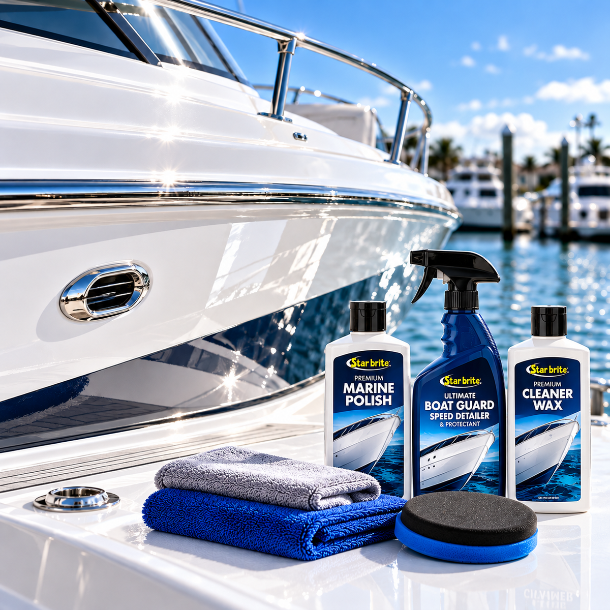 Star brite Premium Marine Polish, Ultimate Boat Guard Speed Detailer and Premium Cleaner Wax displayed beside a glossy fiberglass boat hull with microfiber towels and polishing pad.