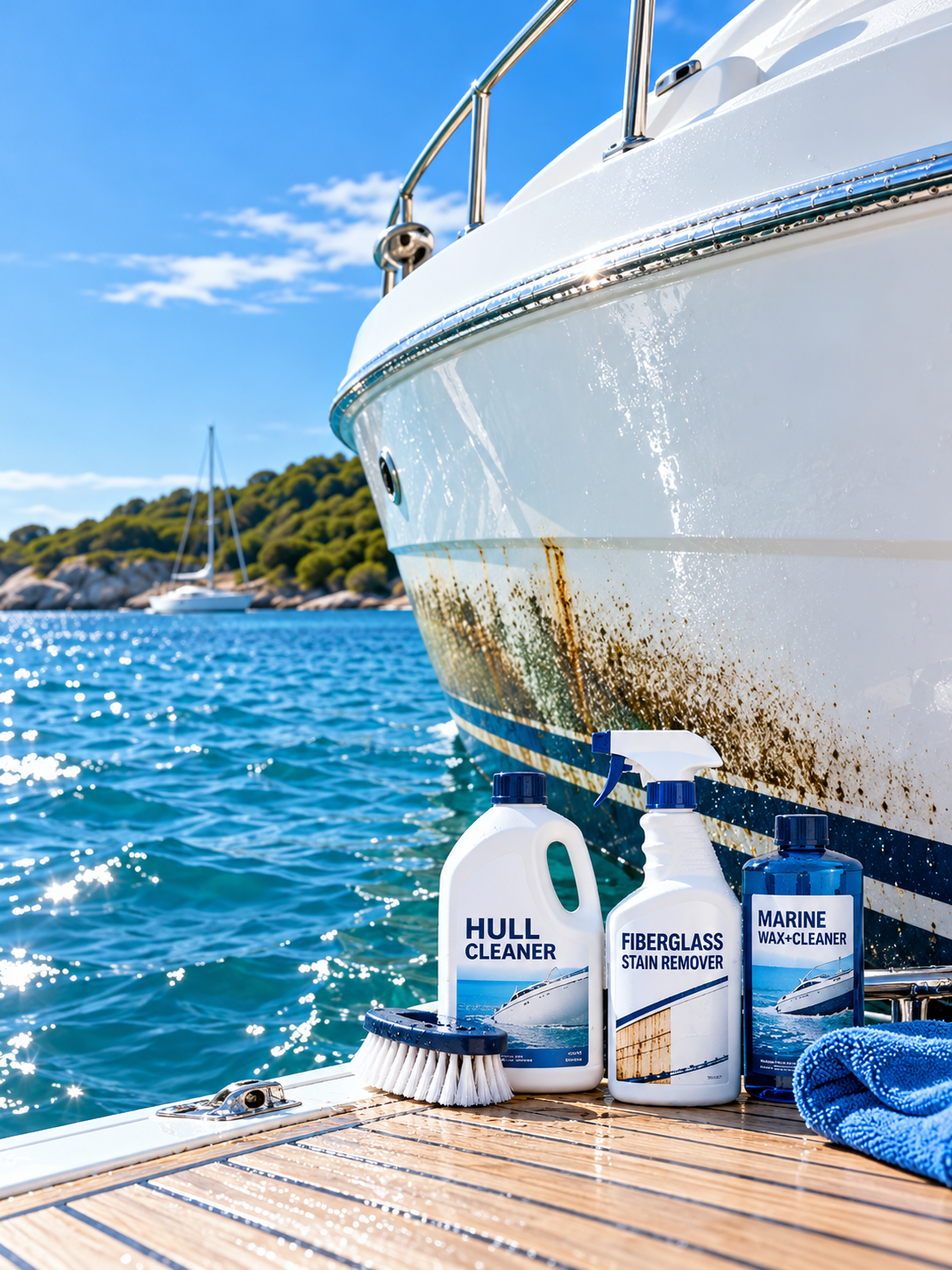 Boat hull and fiberglass cleaning products displayed beside a white boat hull with waterline stains, featuring hull cleaner, fiberglass stain remover, marine surface cleaner and cleaning accessories.
