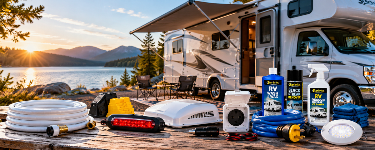 Recreational vehicle parked at a lakeside campsite with Star brite RV Wash & Wax, Black Streak Remover, roof cleaner, RV electrical connectors, lighting, hoses and maintenance accessories.