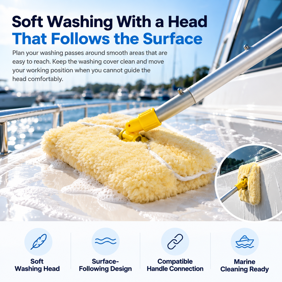 Swobbit Soft Washing Tool Uni-Snap and Adapter shown washing a boat surface, featuring a soft surface-following head, compatible handle connection, and gentle marine cleaning performance.