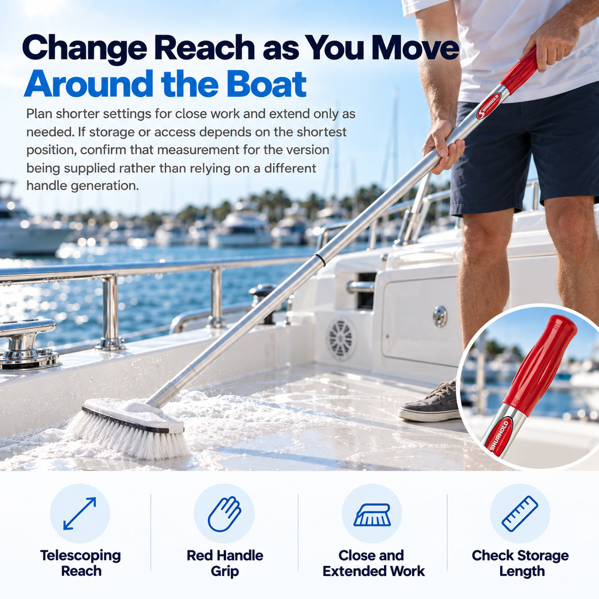 Shurhold 833 telescoping handle with a red grip used with a brush to wash a white boat deck, with a grip detail inset.