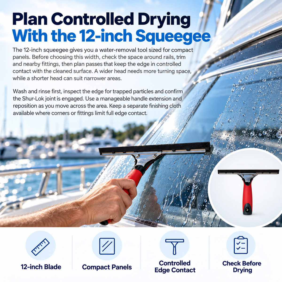 Shurhold 1412 Shur-LOK 12-inch squeegee removing water from a yacht window, with an inset showing its red handle and black blade.