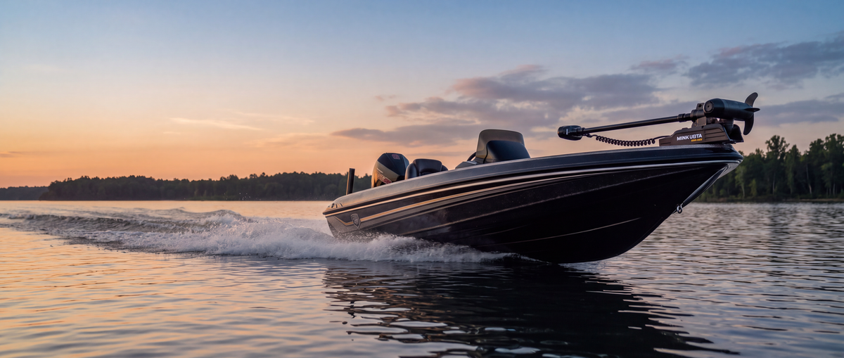 A dark motorized boat with two seated figures moves across a lake at sunset, creating a white wake. Trees line the distant shore under a warm orange and blue sky.