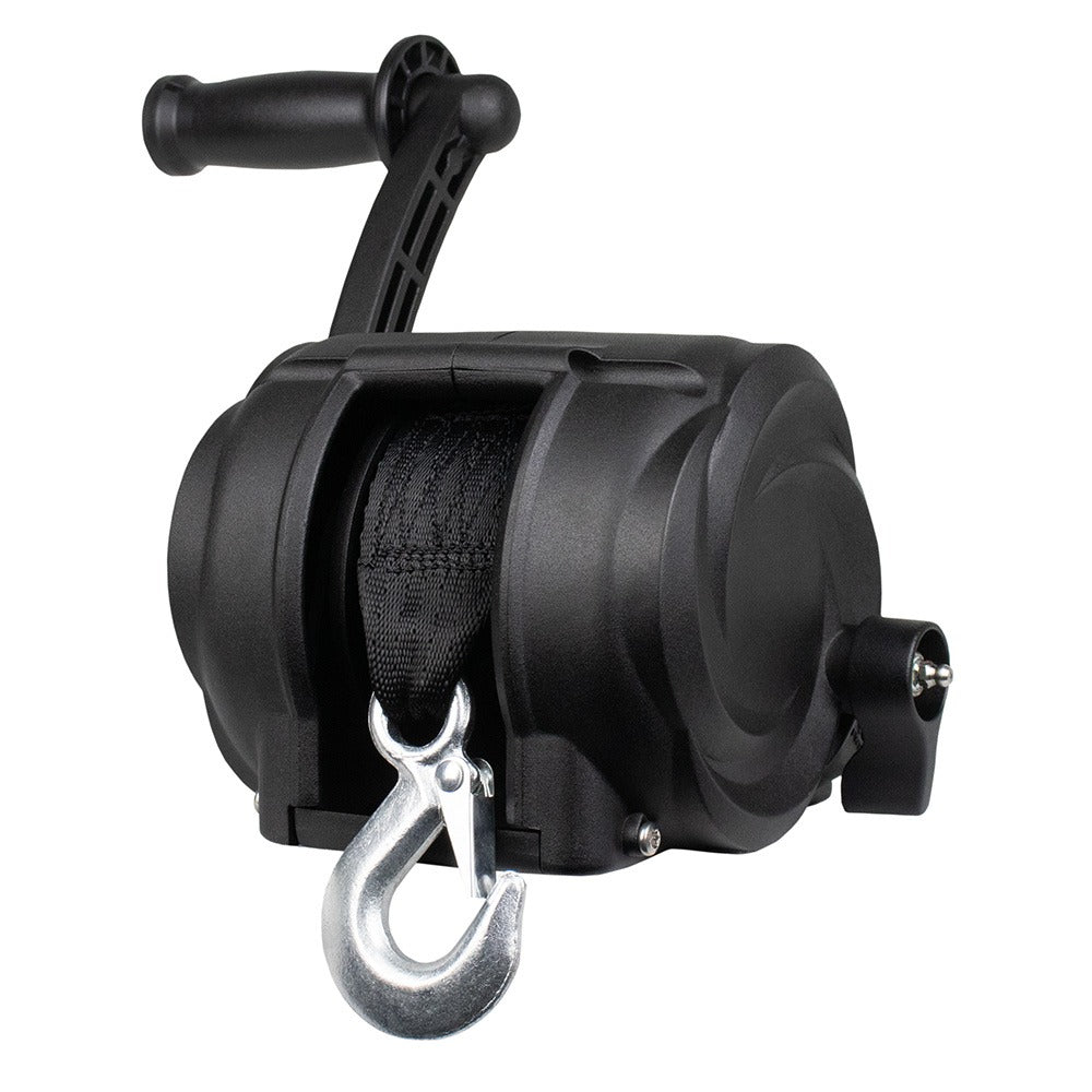 Black winch with handle and cable on a white background