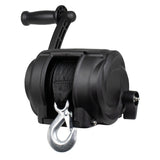 Black winch with handle and cable on a white background